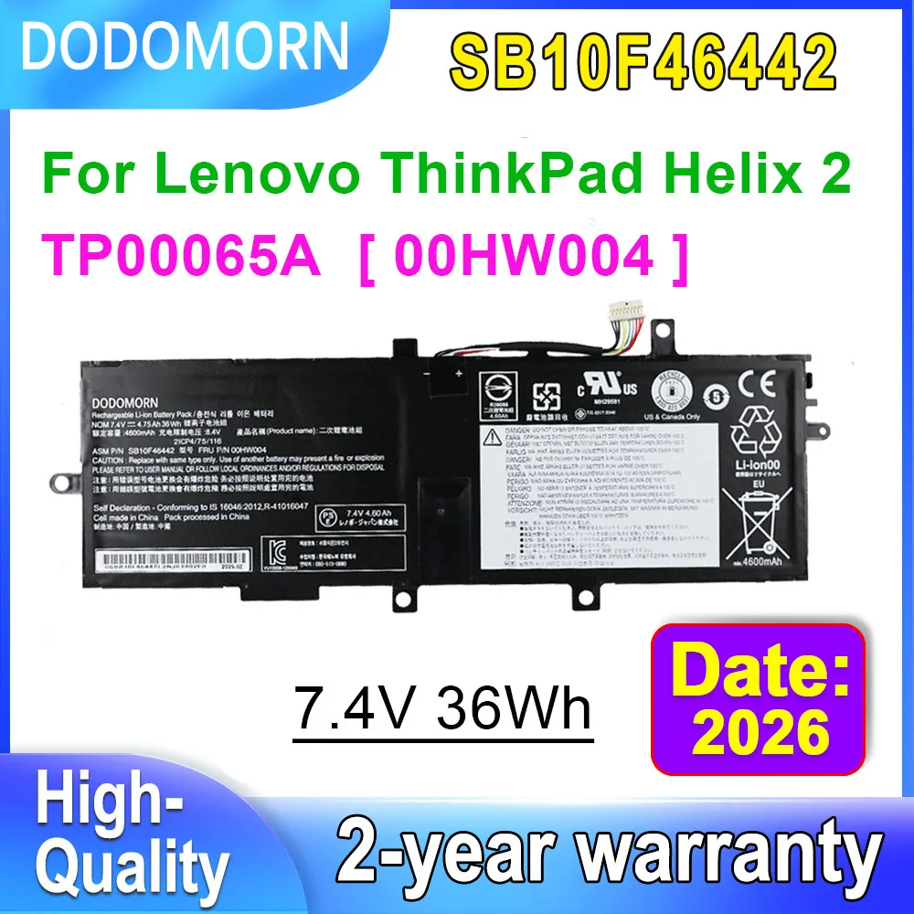 DODOMORN 00HW004 FOR LENOVO ThinkPad Helix 2 20CG Seriers 00HW005 SB10F46443 SB10F46442 2ICP4/75/116 Laptop Battery 7.4V 36Wh