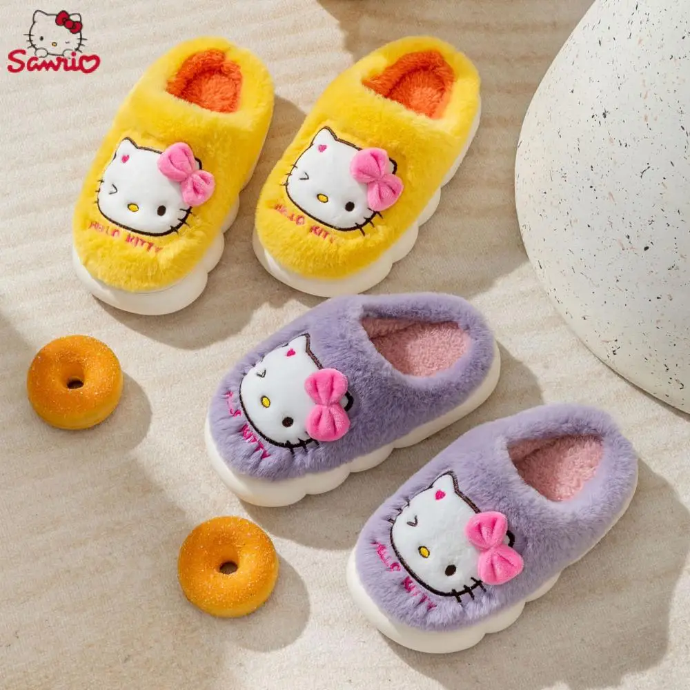 Cartoon Sanrio Hello Kitty Kawaii puszyste 3D urocze kapcie damskie zamsz bawełna kapcie płaskie grube dno zimowe miękkie kapcie domowe