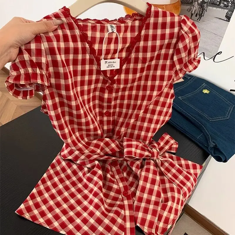 프랑스어 달콤한 격자 무늬 짧은 소매 셔츠 여성 여름 나비 넥타이 허리 슬리밍 크로프트 탑