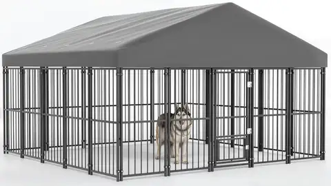 Grand enclos pour chien de 10x10 pieds avec porte d'alimentation, cage pour chien robuste avec toit et doubles verrous de sécurité, extérieur, personnalisable
