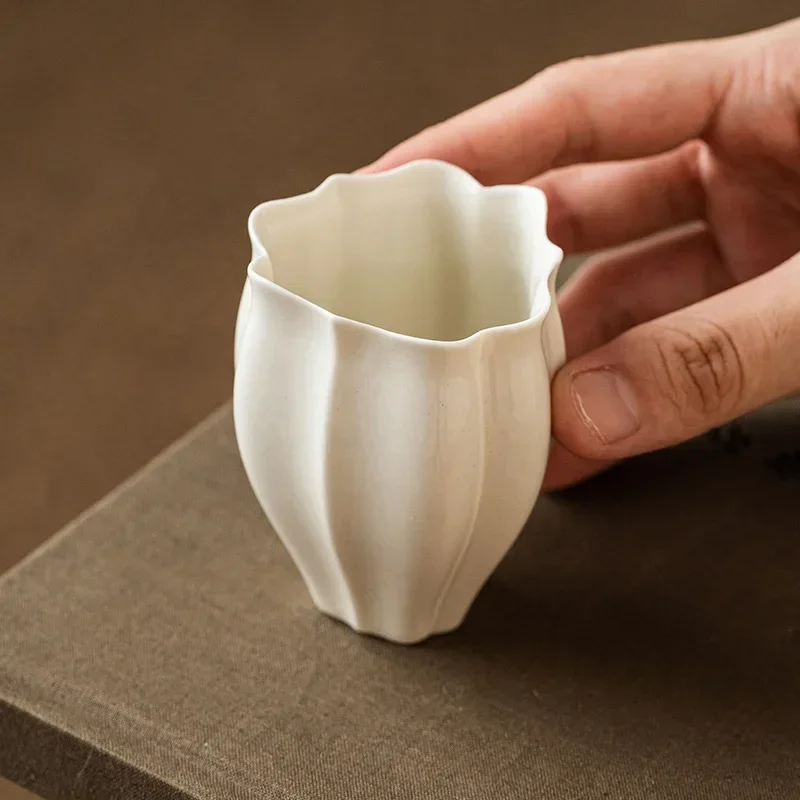Handmade Plant Ash Glaze Ceramic Teacup with Lace Trim - Minimalist Kungfu Tea Set Cup for Aroma Tasting, Elegant Tea Cup