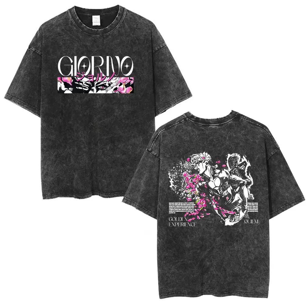 Anime Jojo Bizarre Adventure Killer Queen Giorno Giovanna Vintage Washed T Shirt Men Casual Oversized Short Sleeves T-shirt Tops