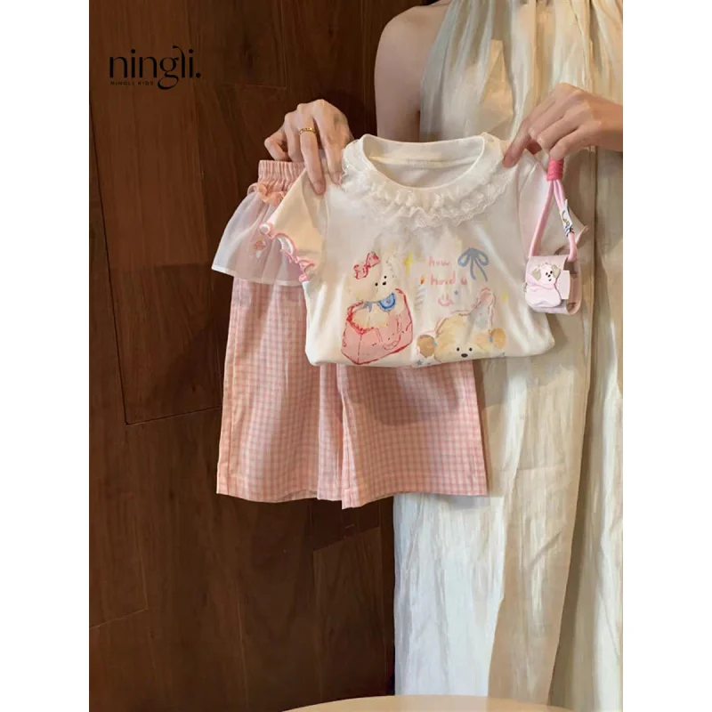 

Trendy and Sweet Girl's Summer Outfit2025New Style Toddler Girl Baby Short Sleeve Wide Leg Pants Two-Piece Set Trendy