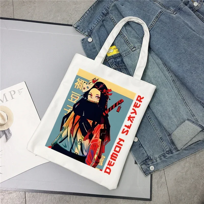 Kamado Tanjirou Anime Demon Slayer Nezuko Canvas Shoulder Tote Bag Handbags Eco Reusable Shopping Bag Vintage Ulzzang Bags