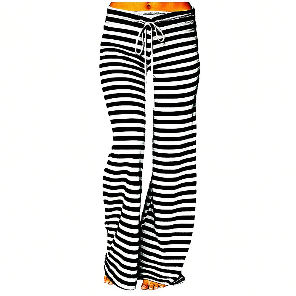 

Pyjamas Woman Pants Cotton Sleep Stripe Casual Pajama Drawstring Floor-Grazing Pj Bottoms