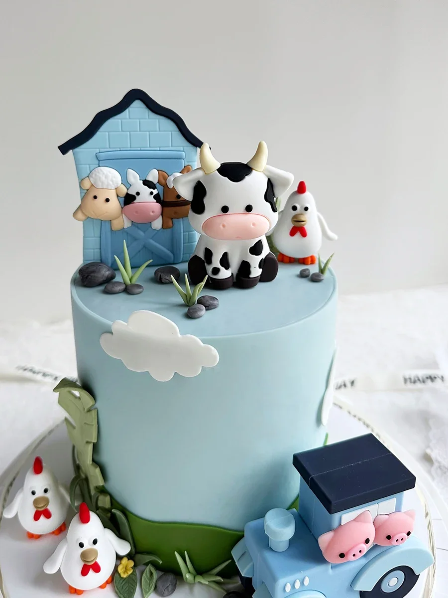 Decorazione per torta di animali da fattoria bambini buon compleanno argilla mucca pulcino fatto a mano Cake Topper bambini Baby Shower forniture