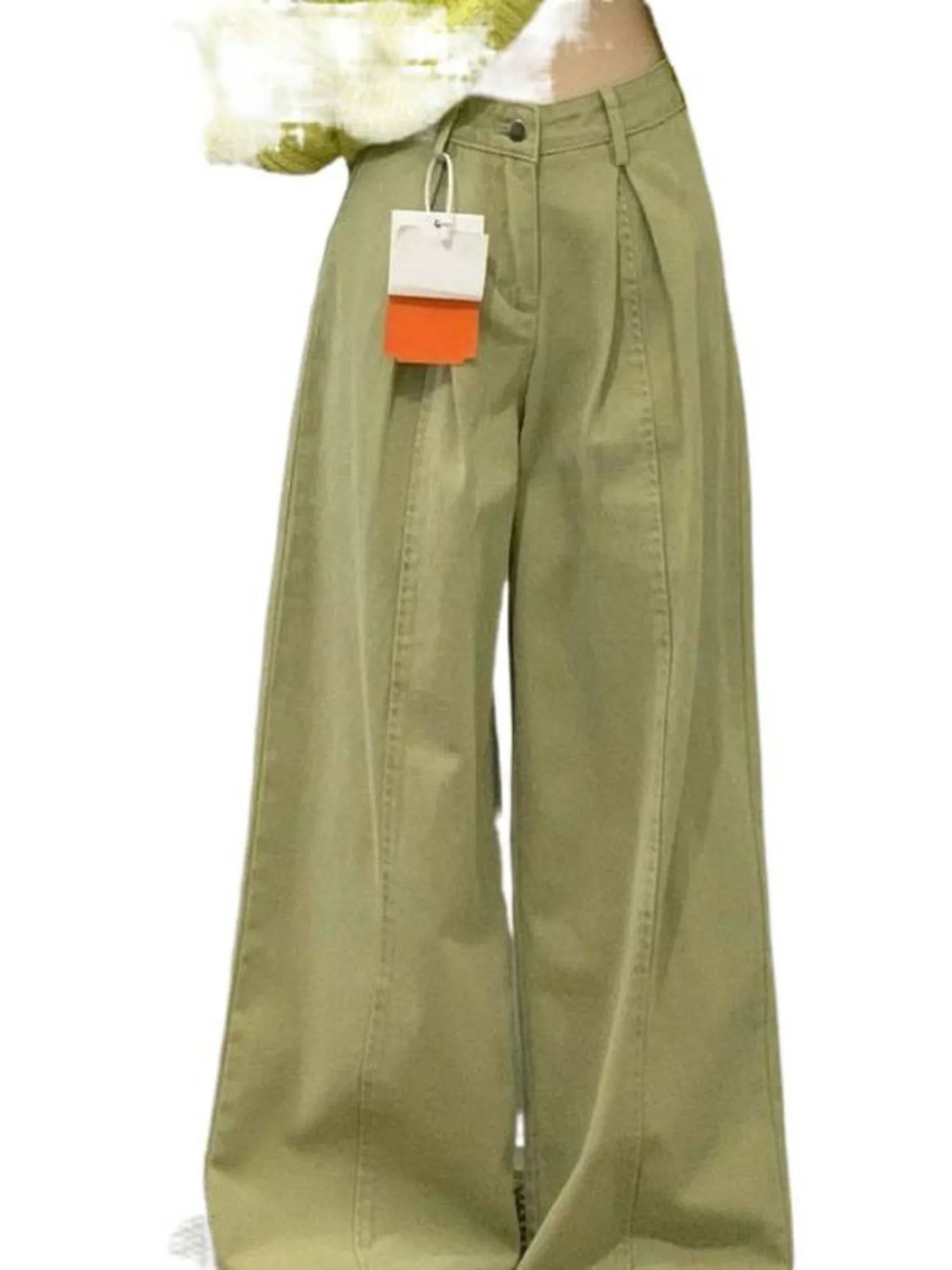 Women's High Waist Wide Leg Trousers Khaki Green Pleated Front Casual Loose Fit Pants Spring Summer