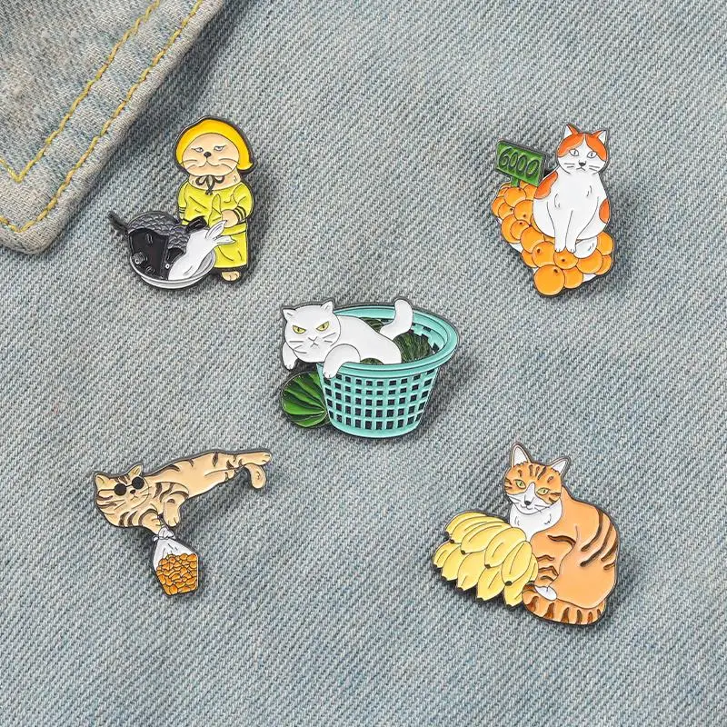 Funny Street Stall Cats Enamel Pins Custom Fish Fruits Cool Kitten Vendor Brooch Lapel Shirt Bag Badge Cartoon Jewelry Gift