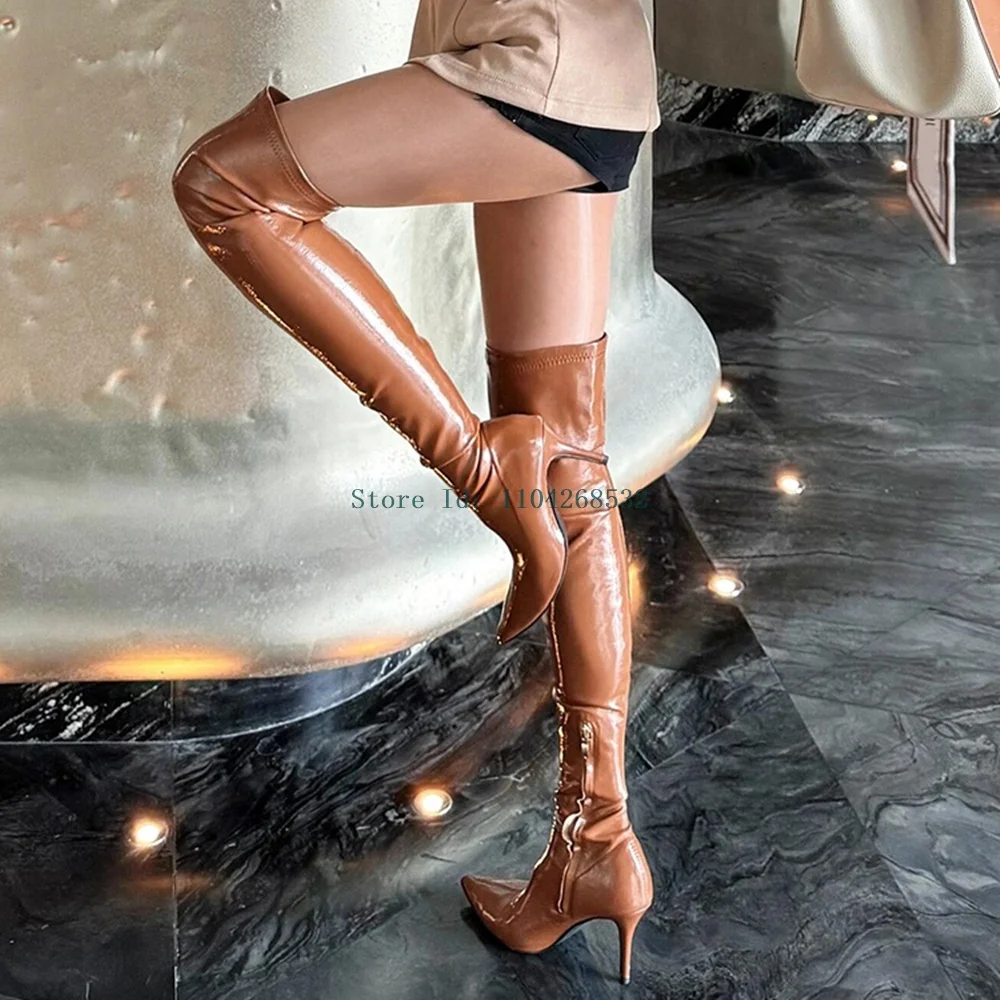 

Laser Shining Ovet Over The Knee Boots Sexy Pointed Toe Stiletto Patent Leather New Arrivals Fashion Lady Womern Boots