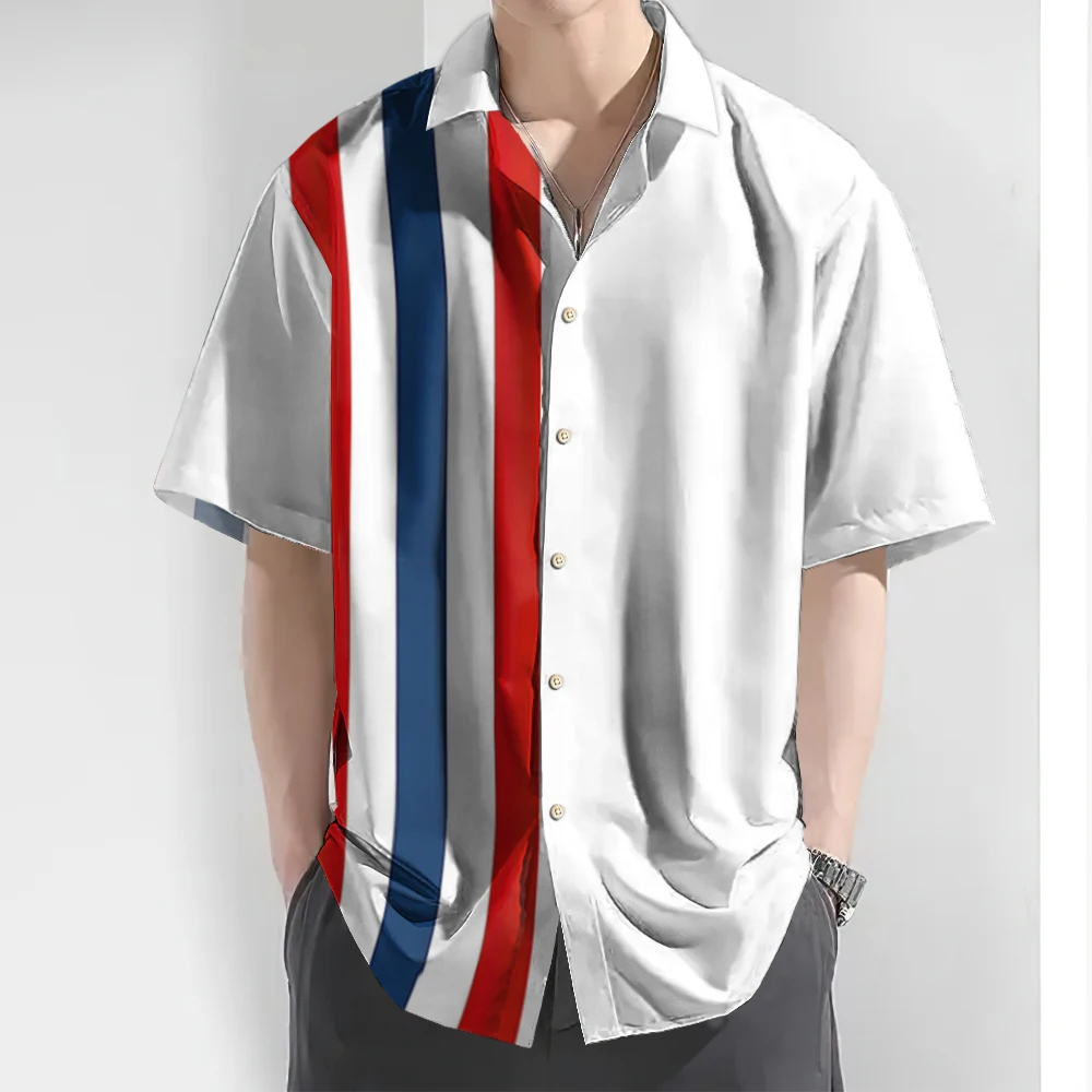 2024 3d Striped Print Men\'s Shirt Summer Casual Short Sleeve Tops Loose Oversized Hawaiian Shirts For Men Quick Dry Man Clothing