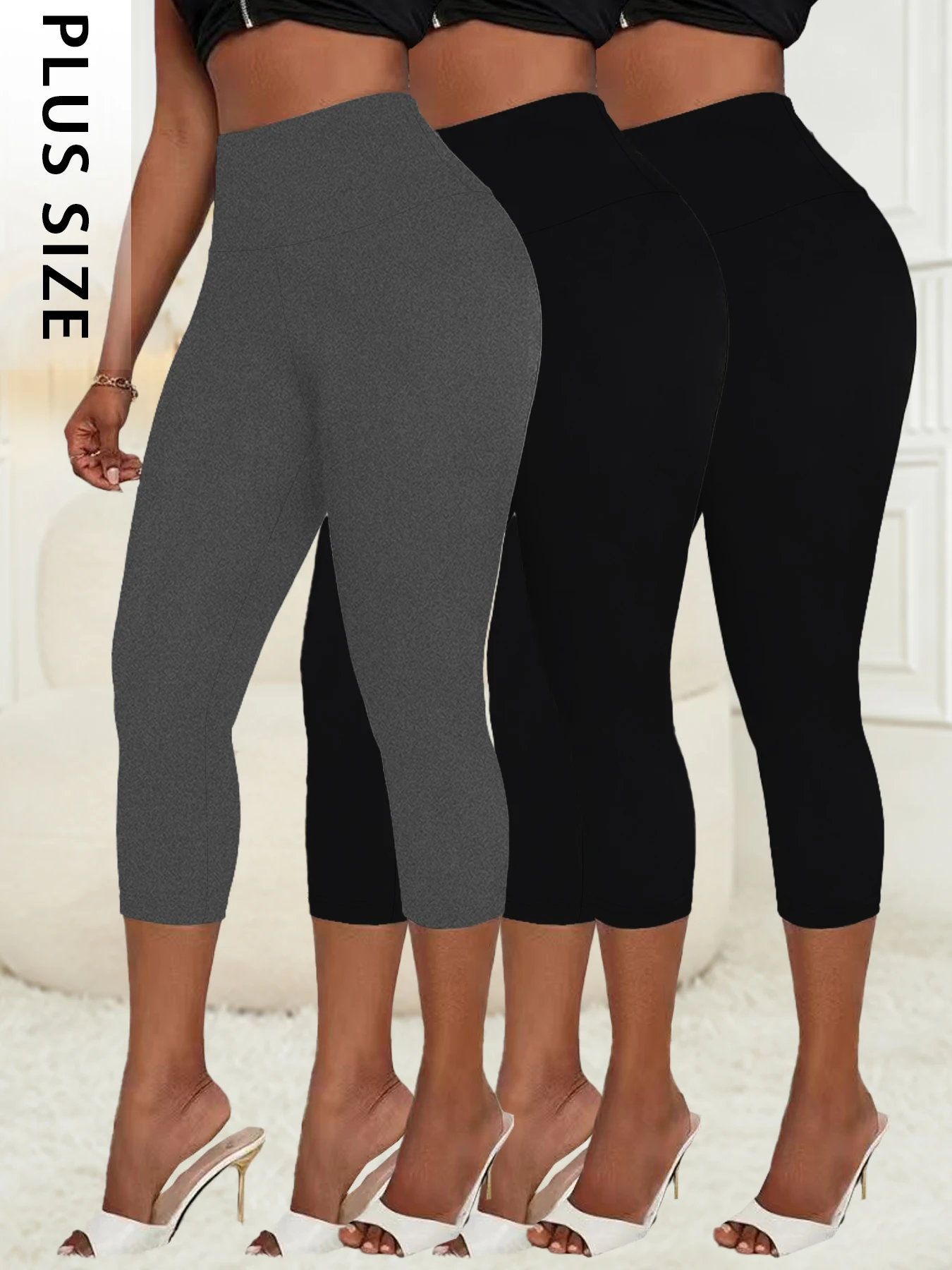 

Комплект из 3-х штук: женские леггинсы больших размеров с высокой талией, укороченные (капри), супермягкие, непрозрачные, для йоги, тренировок, бега, дома и отдыха
