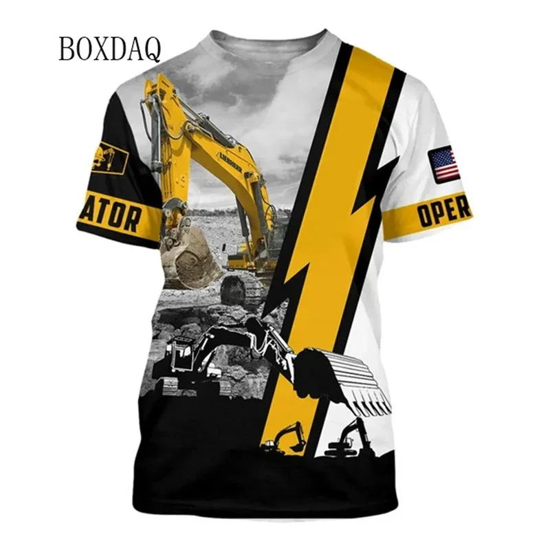 Excavator Operator Worker Clothes Men Casual T-shirts Short Sleeve 3d Print Street Tops 6XL Plus Size Man Construction site Tees