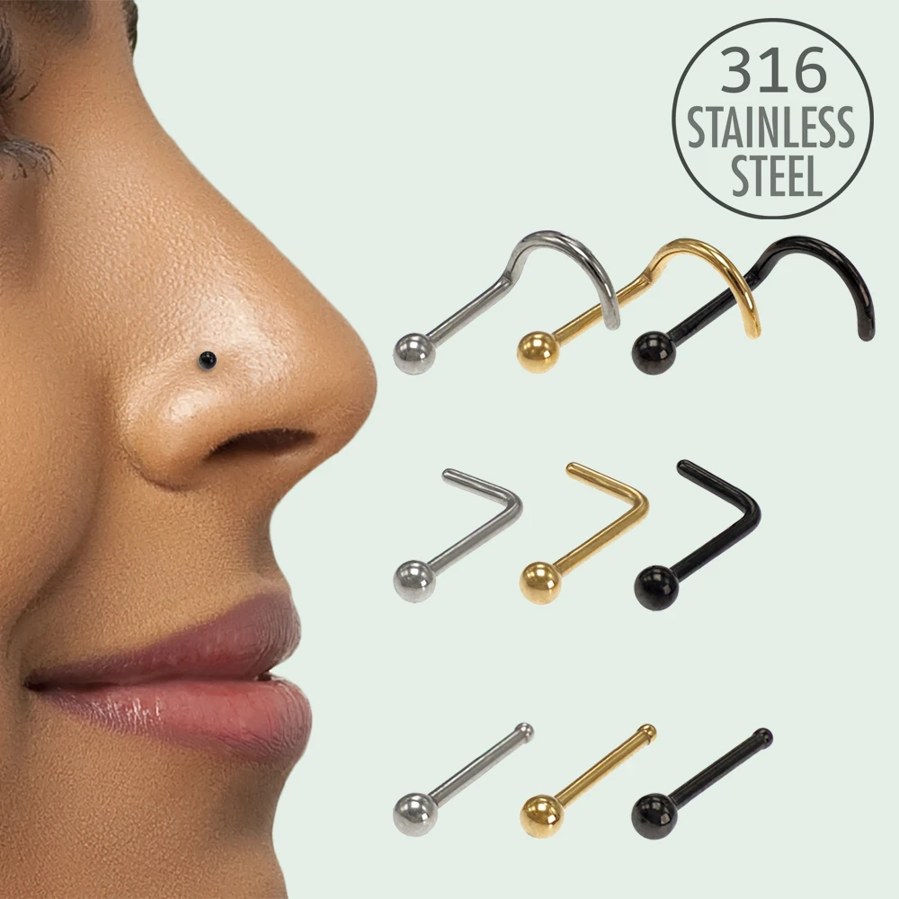 

10Pcs Nose Ring Studs Set for Women Ball Nostril Piercings Body Jewelry Screw L Straight Shape Stainless Surgical Steel 18g 20g