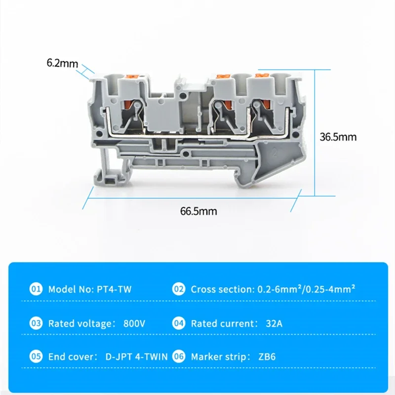 Terminal Block Din Rail Mount PT 4-Twin 3 Conductors Push In Spring Screwless Feed Through Wire Conductor 10pcs Wire Connector