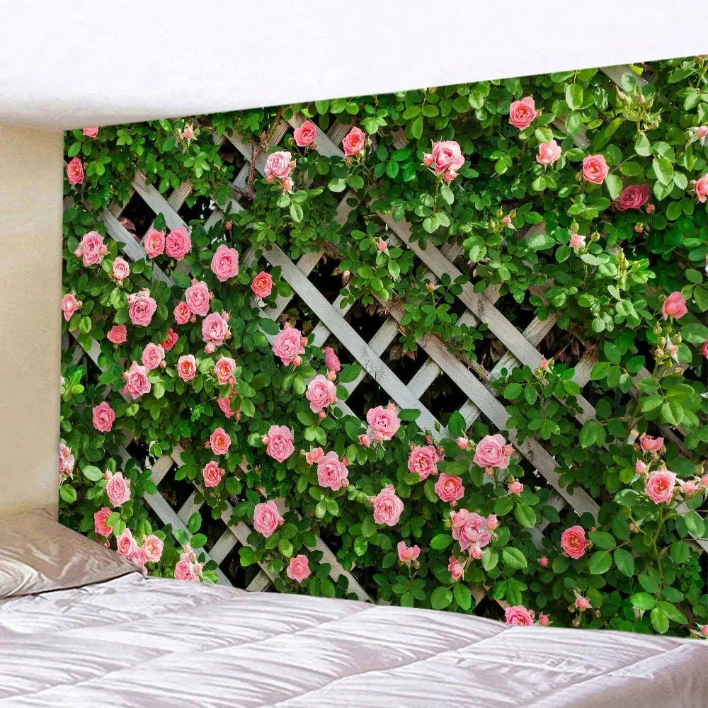 spring flowers wood fence tapestry nature pink rose plant flower wall hanging garden window nature scenery tapestry