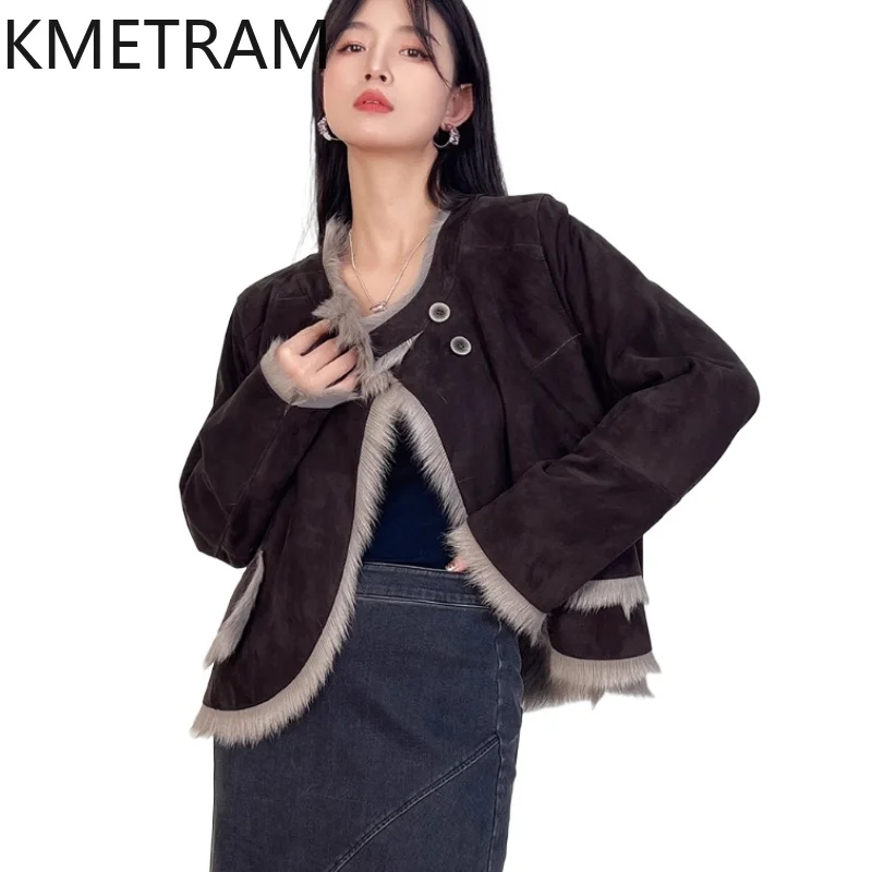 

Двусторонняя меховая куртка из натуральной козьей шерсти, женская модная короткая шуба из натурального меха, зимние кожаные куртки, женская одежда 2025 шуба