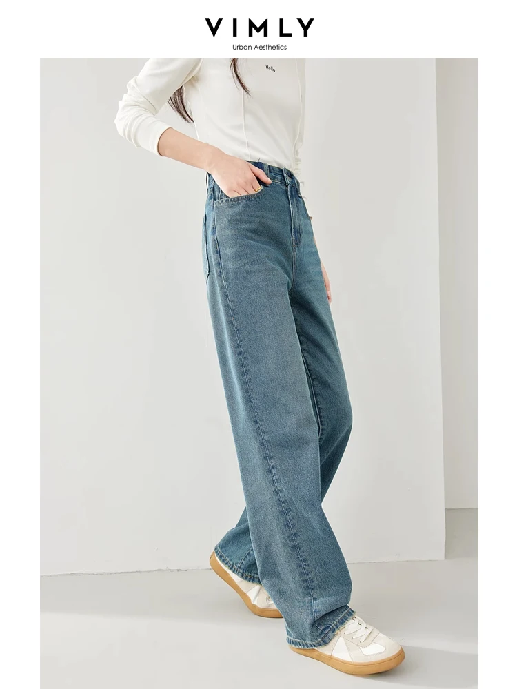 Vimly Retro Cotton Baggy Jeans Women 2024 Spring Casual Straight Loose Full Length Denim Pant Wide Leg Women's Trousers 72789