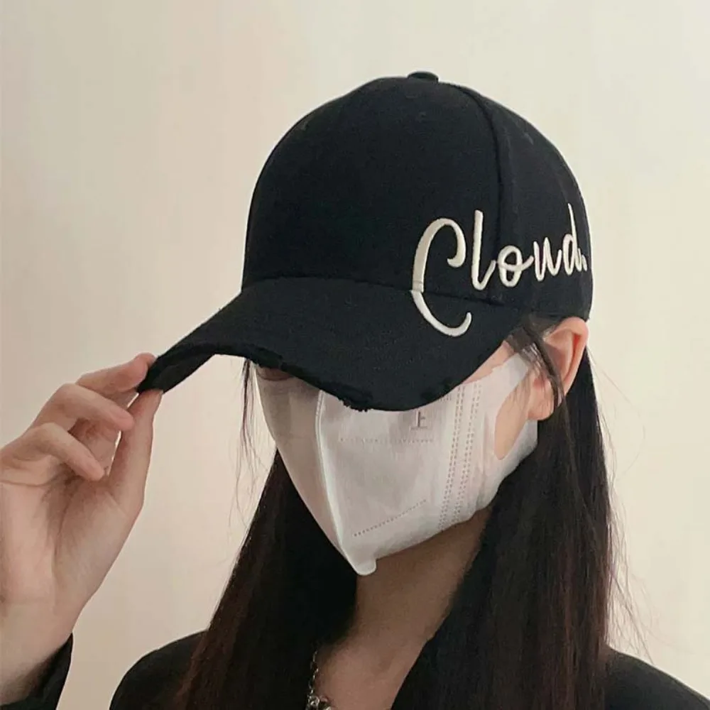 

Trendy Cotton Embroidered Baseball Cap Big Size Hiphop Korean Duckbill Hat Letters All-Match Tattered Peaked Cap UV Resistant