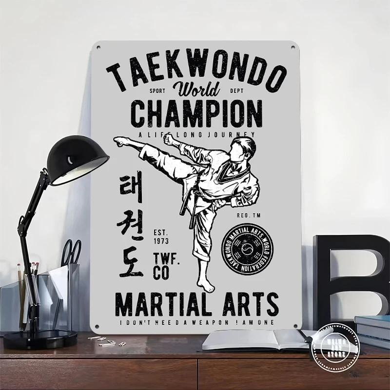 Taekwondo Champion Metal Poster Customized Wall Art Retro Vintage Tinplate Signs for Gaming Room Decoration Cozy Bathroom Decor