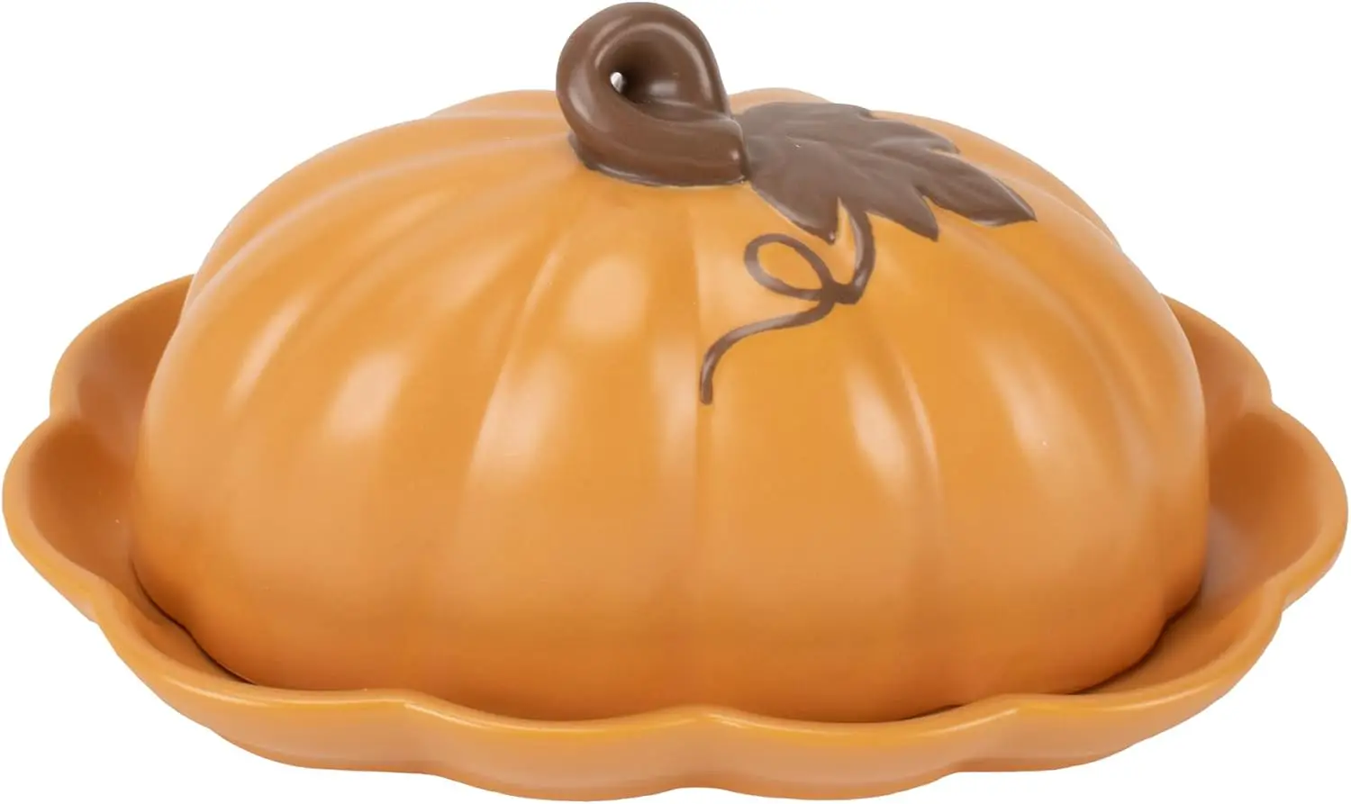

Pumpkin Shaped 8x6 Inch Ceramic Butter Dish, Orange Scalloped Covered Lid for Fall Decor, Thanksgiving & Halloween