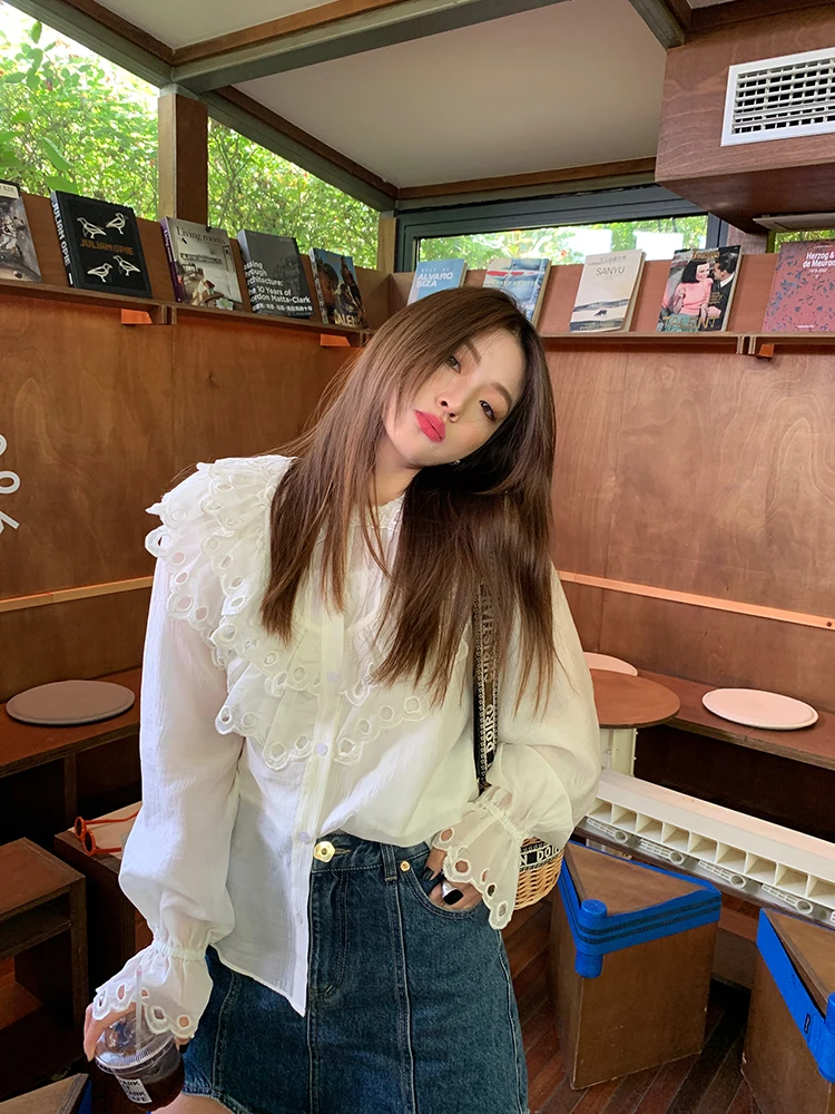 

Новая женская блузка 2024 года с уникальным кружевным воротником-стойкой, имитация шелка, корейский стиль, длинный рукав, смесовый хлопок