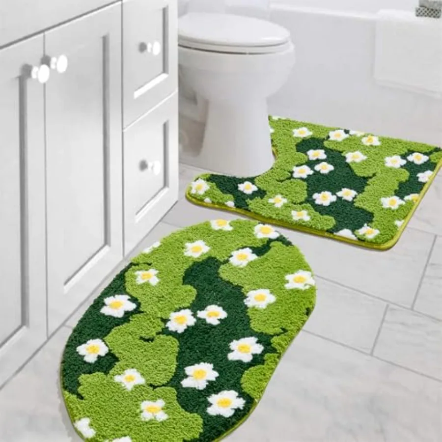 

Cute Floral Bathroom Rugs Set 2 Pcs Non Slip Microfiber Green Grass Flowers Bath Mat 20x32 + Contour Toilet Rug 20x24 Machine W