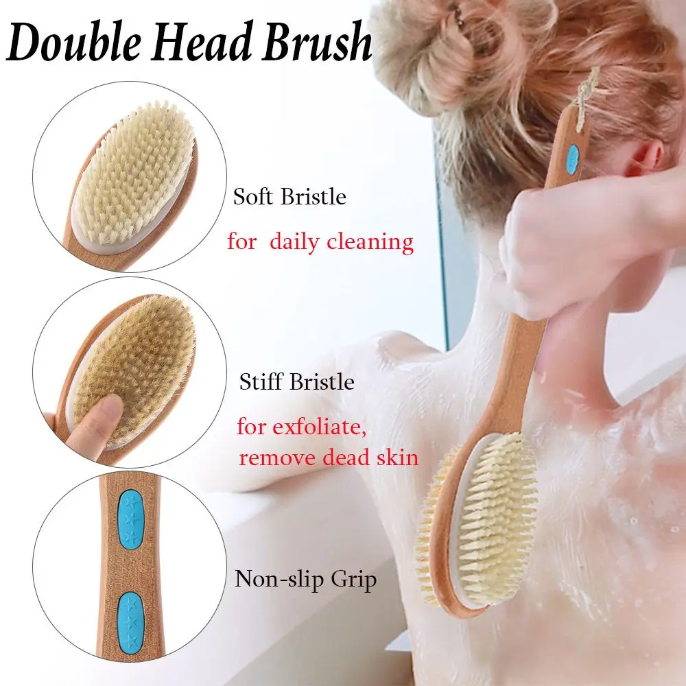 Massage with Long Wooden Handle Back Foot Scrubber Shower Brush Bristle Bath Brush Double Side Head Body Exfoliating Cleaner