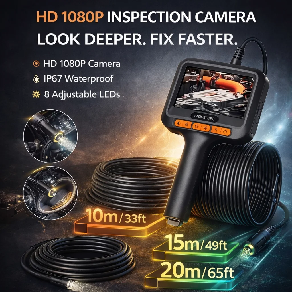8.0mm 10m/15m/20m Endoscope Camera HD 1080P 4.3 Inch IP6 Waterproof Car Pipe Sewerage Inspection Borescope 2600mAh