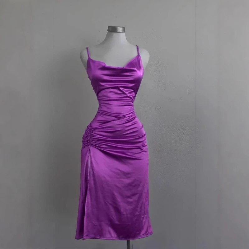 Nuevo vestido de noche de fiesta con tirantes para mujer moda Y2k sin espalda Color sólido Puckered Split Sexy sin mangas vestido ajustado a la cadera