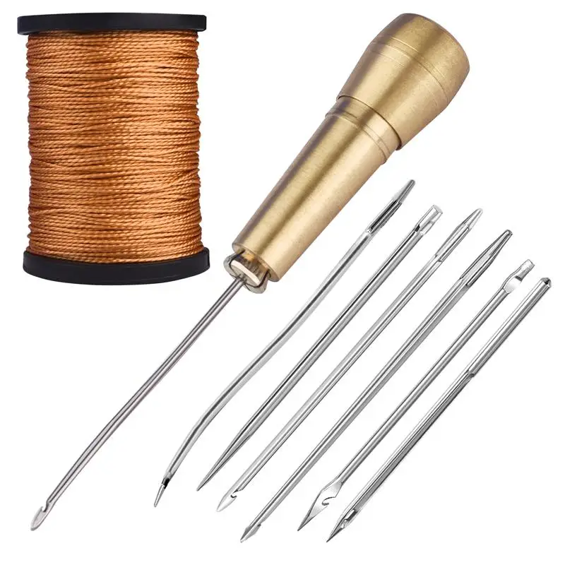 Leather Sewing Kit DIY Leather Sewing Awl Needle With Copper Handle Set Leather Canvas Tent Shoes Repairing Tool W/Nylon Thread