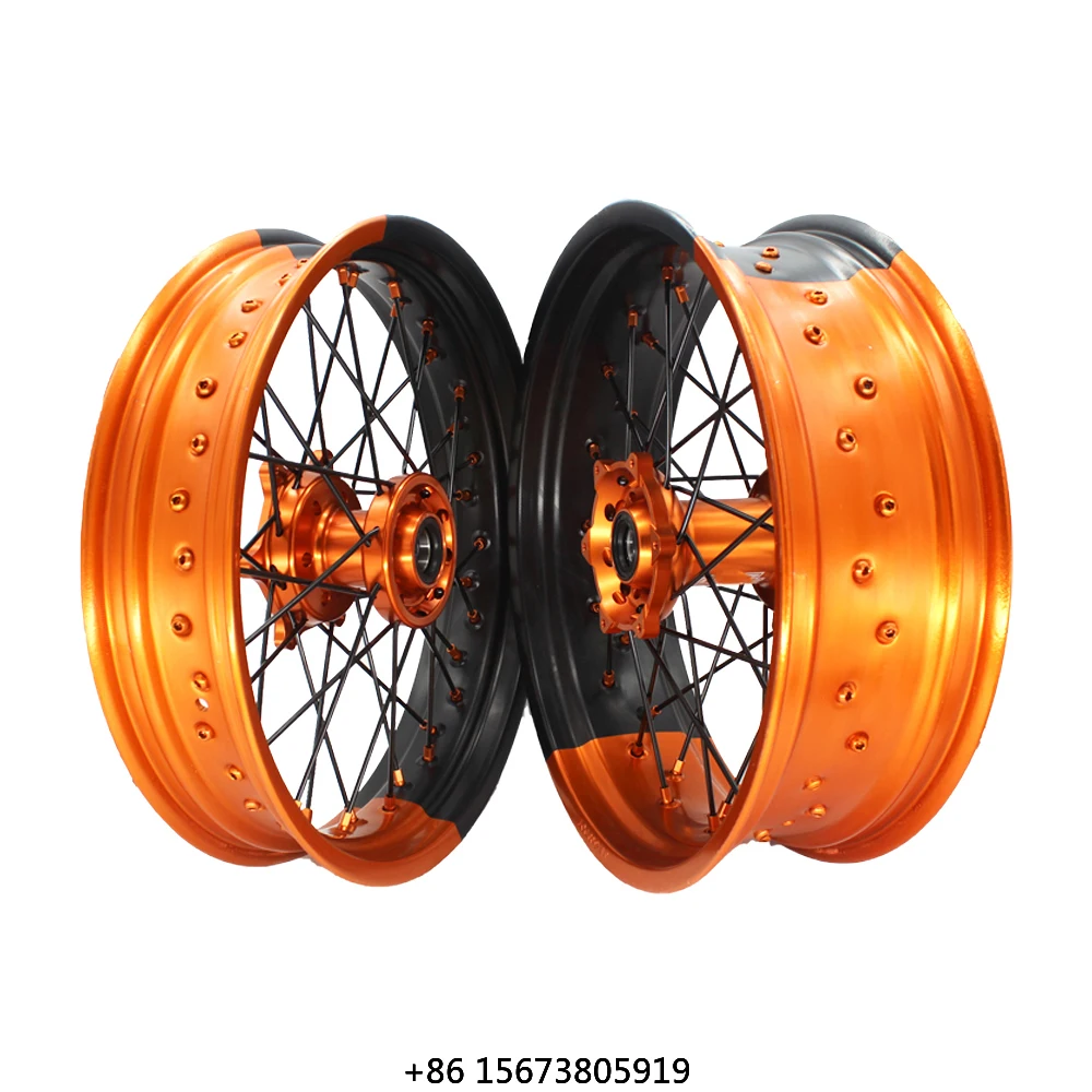 High Quality 17 - 3.5 17 - 5.0 Black Orange Bi Color Rim Supermoto Wheels 17 Inch Aluminum Alloy 36 Spoke Motorcycle Wheels