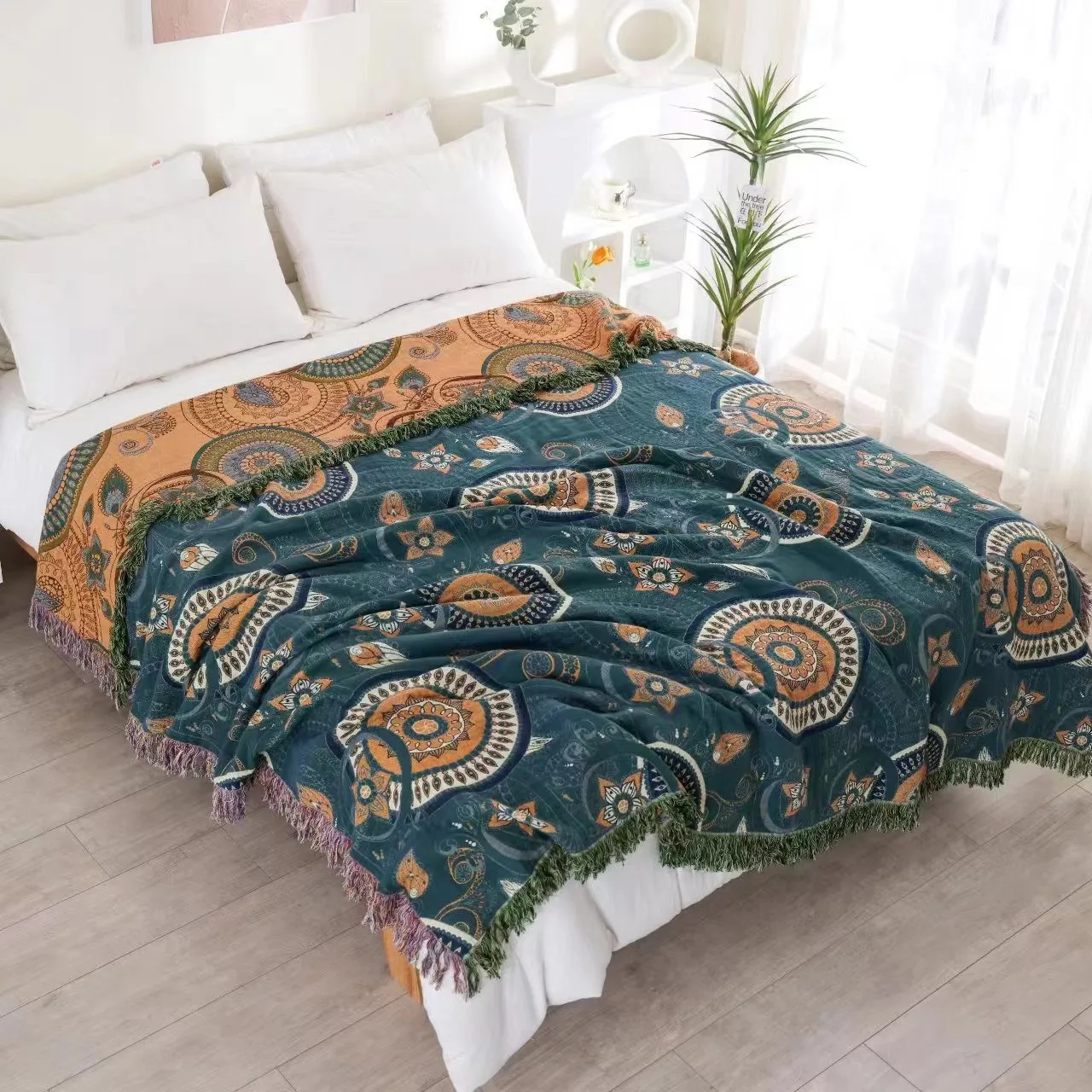Bohemian Mandala Throw Blanket Reversible Cotton Bedspread Tassel Fringe Ethnic Paisley Design Lightweight Sofa Cover Home Decor