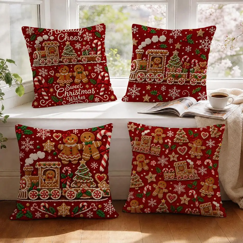 Gingerbread Train Cushion Cover 1/4Pcs Linen Throw Pillow Covers Double-Side Print Sofa Couch Living Room Decor