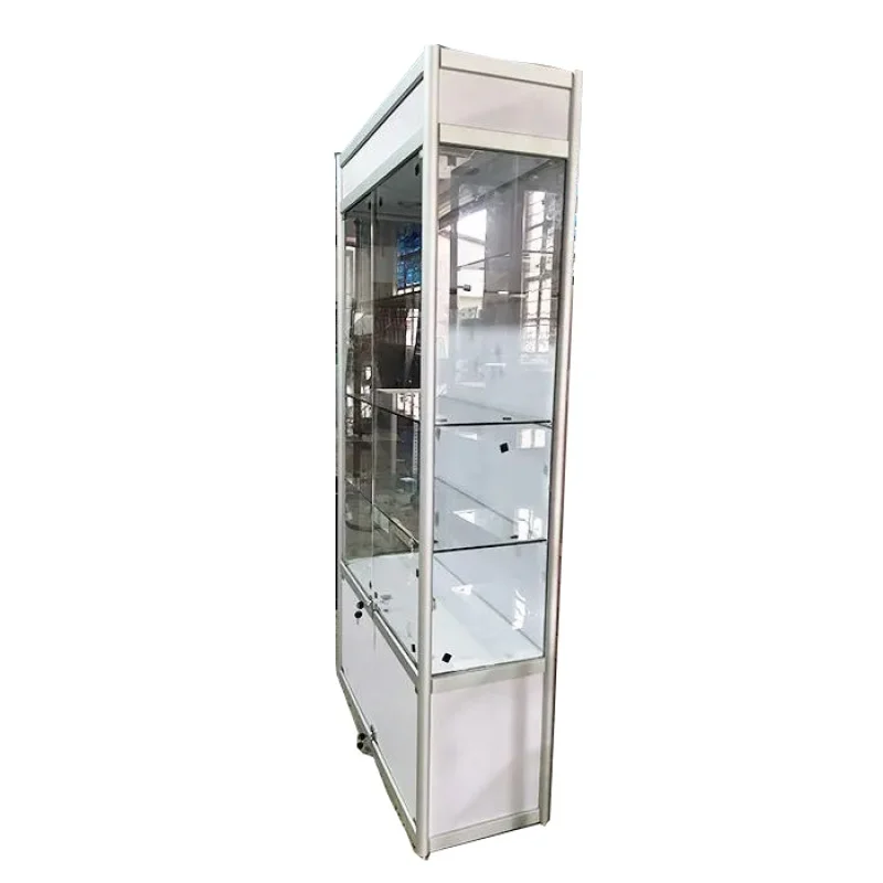 custom.Guangzhou glass showcase lockable silver white living room display cabinet with storage