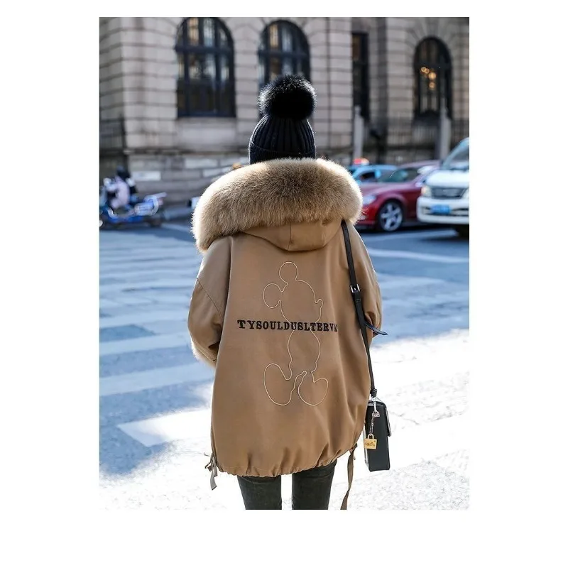 Women's Clothing Parka Winter New Petite Fleece Lining Thicken Design Fur Collar Cargo Coat Cotton Jacket Hooded Outerwear