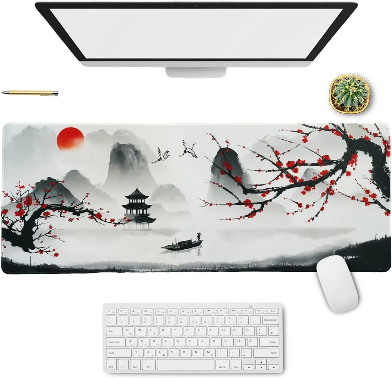 Japanese Red Cherry Blossom Sakura Mouse Pad White XL Large Mouse Pad Floral Long Big Desk Mouse Mat Cherry 31.5 X 11.8 Inch