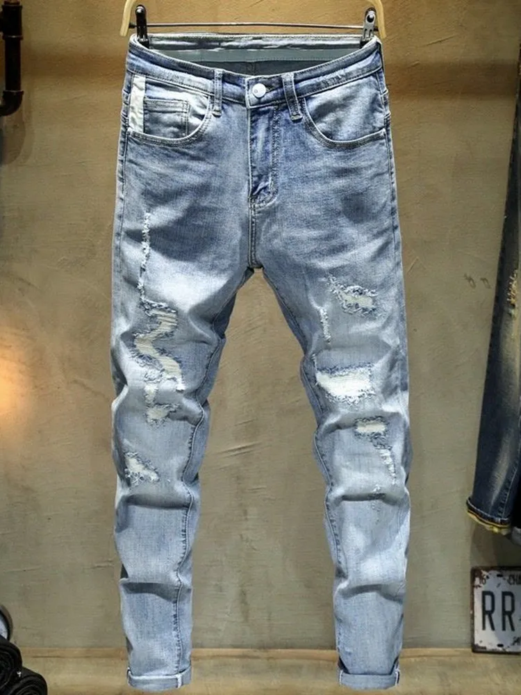 Spring and Autumn New Fashion Trend Solid Color Perforated Straight Leg Elastic Jeans Men's Casual Sports High-Quality Jeans
