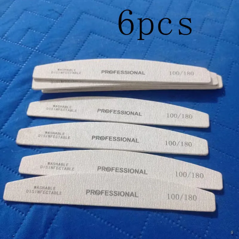 6Pcs Half-Moon Nail File Gray Wood Grain Buffer 100/180 Waterproof Reusable Polishing Tool for Natural Nails & Toenails
