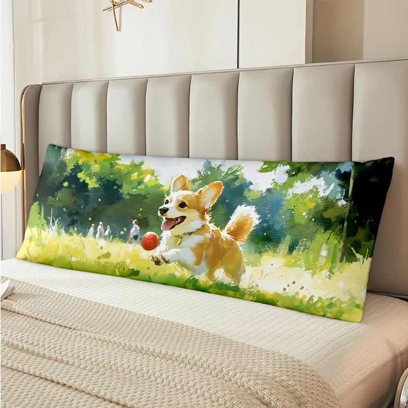 1pc Short Plush Pillowcase, Yellowish-Brown Decorative Long Lumbar Pillow Cover, Imitation Corgi Shape, 50.8X137.16 cm with Zipp