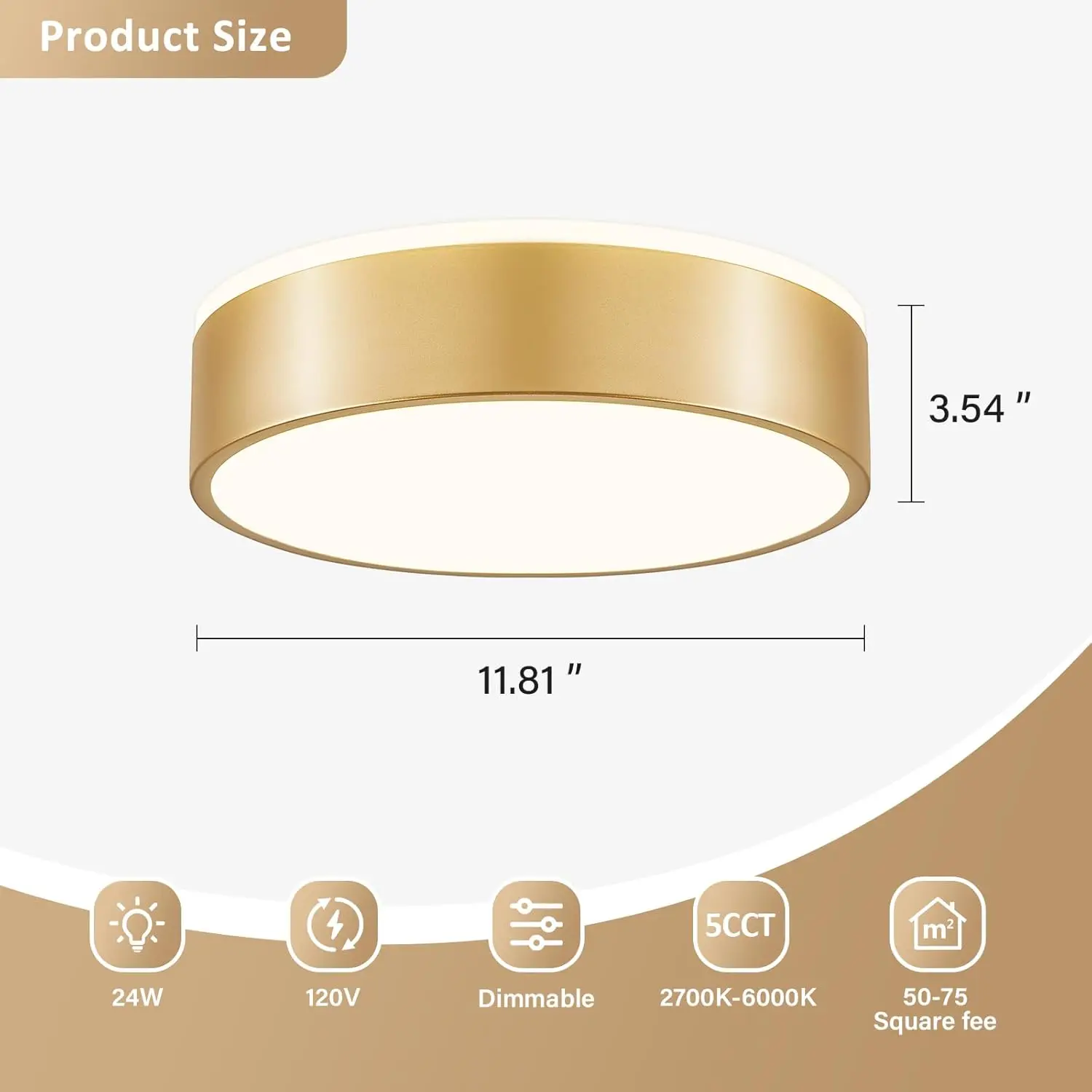 Gold Dimmable Ceiling Light, Modern Led Flush Mount Ceiling Lighting Fixture, Round 2700K-6000K 5Cct Minimalist Metal Lights