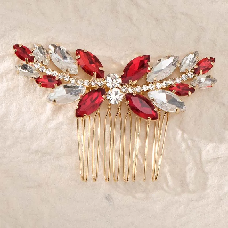 Exquisite Shiny Rhinestones Bridal Head Jewelry Comb Red Wedding Hair Comb Handmade Women\'s Jewelry Accessories Banquet