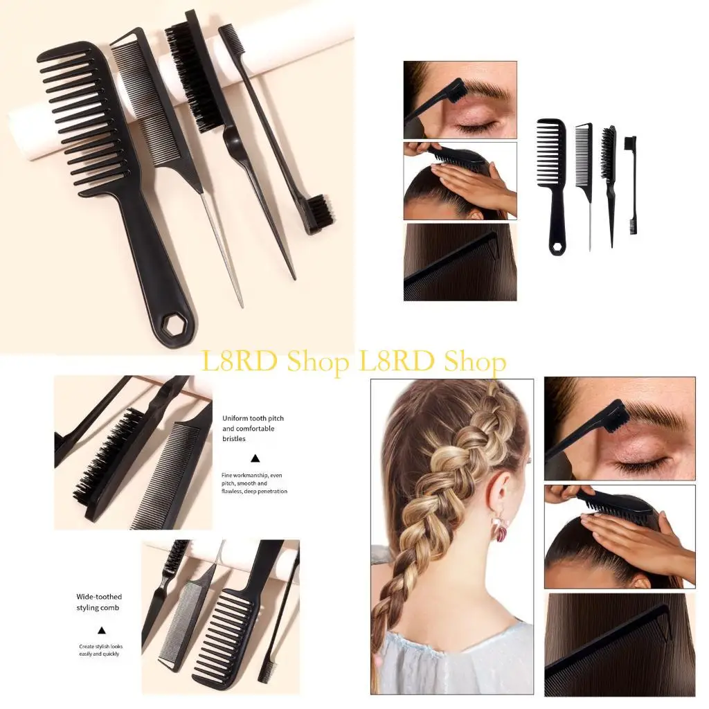 

L8RD 4Pcs Detangling Brush Set Edges Brush Teasing Brush Hair Styling Comb Metal Pin Ratted Tail Combs Wide Tooth Comb