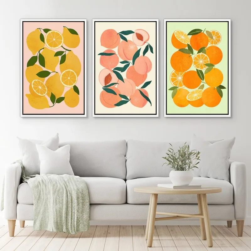 3PC frameless  Canvas Wall Art Set of 3 Lemon Peach Orange Fruits Prints Minimalist Modern Art Kitchen Wall Decor Preppy Room De