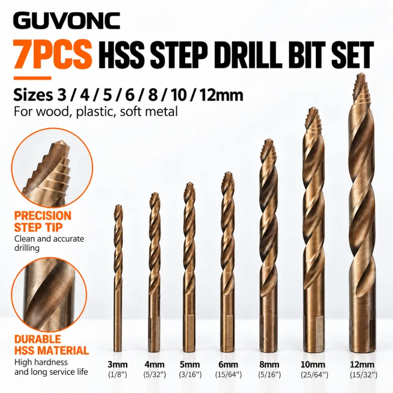 7Pcs Spiral HSS Step Drill Bit Set 3-12mm Multi-size Pagoda Drill Bits for DIY Wood Soft Metal Plastic Hole Opening