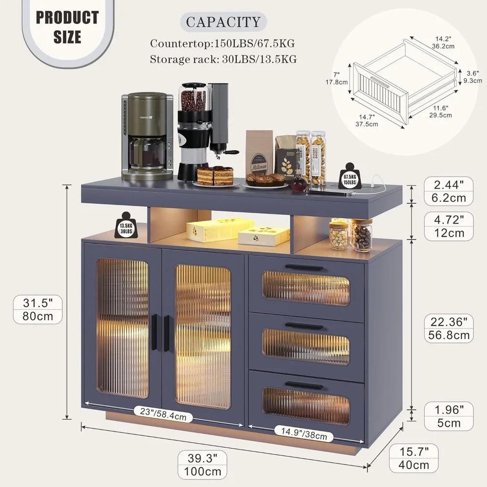 Coffee Bar Cabinet with Charging Station & RGB Lights