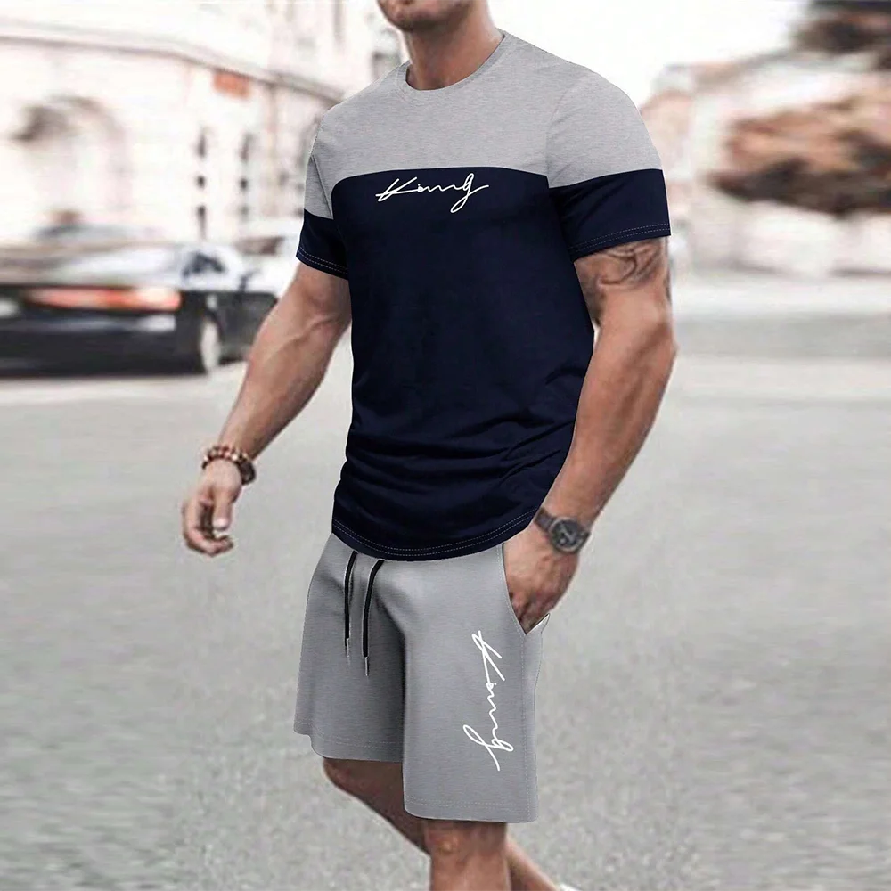 3D Men Comfortable Set For Short Sleeved T Shirt With Loose And Fashionable Matching Shorts Two Piece Fashion Label Casual