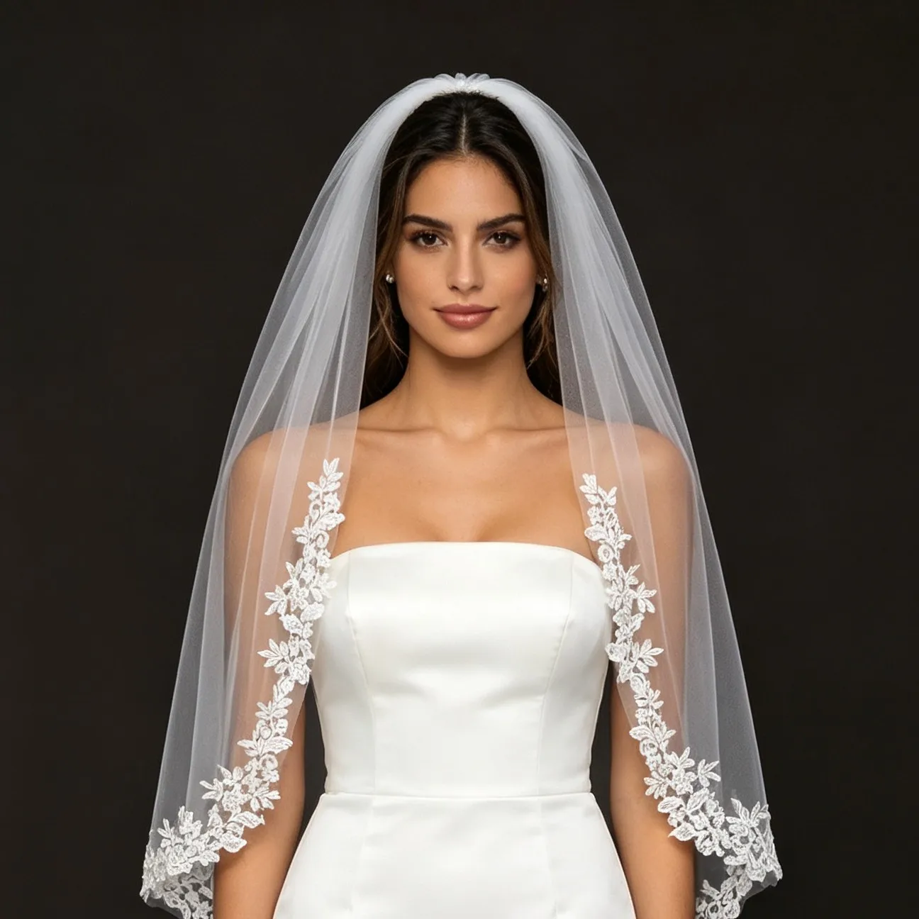 Fingertip Wedding Veil 1 Tier Floral Lace Applique Edge Soft Tulle with Comb Vintage Boho Bridal Hair Accessory G298