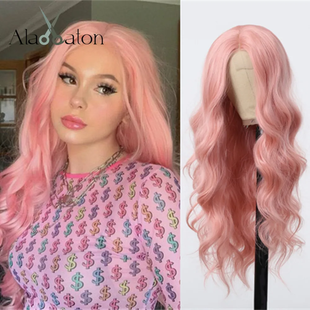 

ALAN EATON Long Pink Wavy Wig for Women Middle Part Wig Synthetic Heat Resistant Fiber Hair Replacement Wigs for Daily Party Use