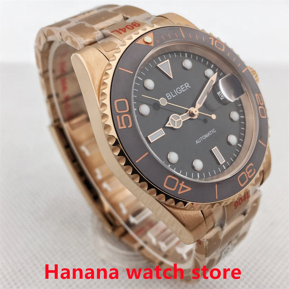 Bliger นาฬิกาผู้ชายกลเทา40มม., นาฬิกาแซฟไฟร์แก้วคู่วันที่24อัญมณีเคลื่อนไหว NH35A ทองคำสีกุหลาบเซรามิก