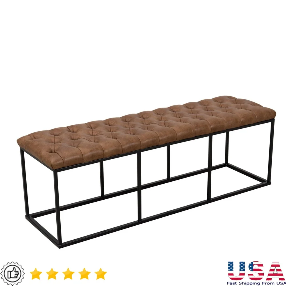 

Faux Leather Tufted Ottoman Decorative Bench Living Room Bedroom Dining Room Indoor Seating Metal Frame 52 Inch